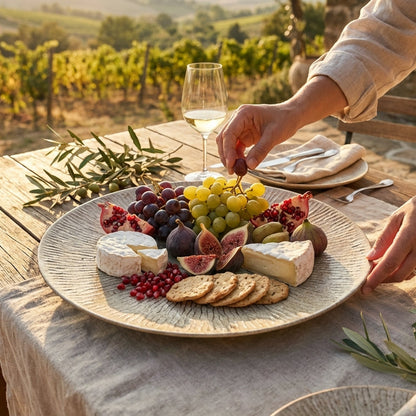 Person arranging a plate of assorted fruits and cheeses with a vineyard in the background