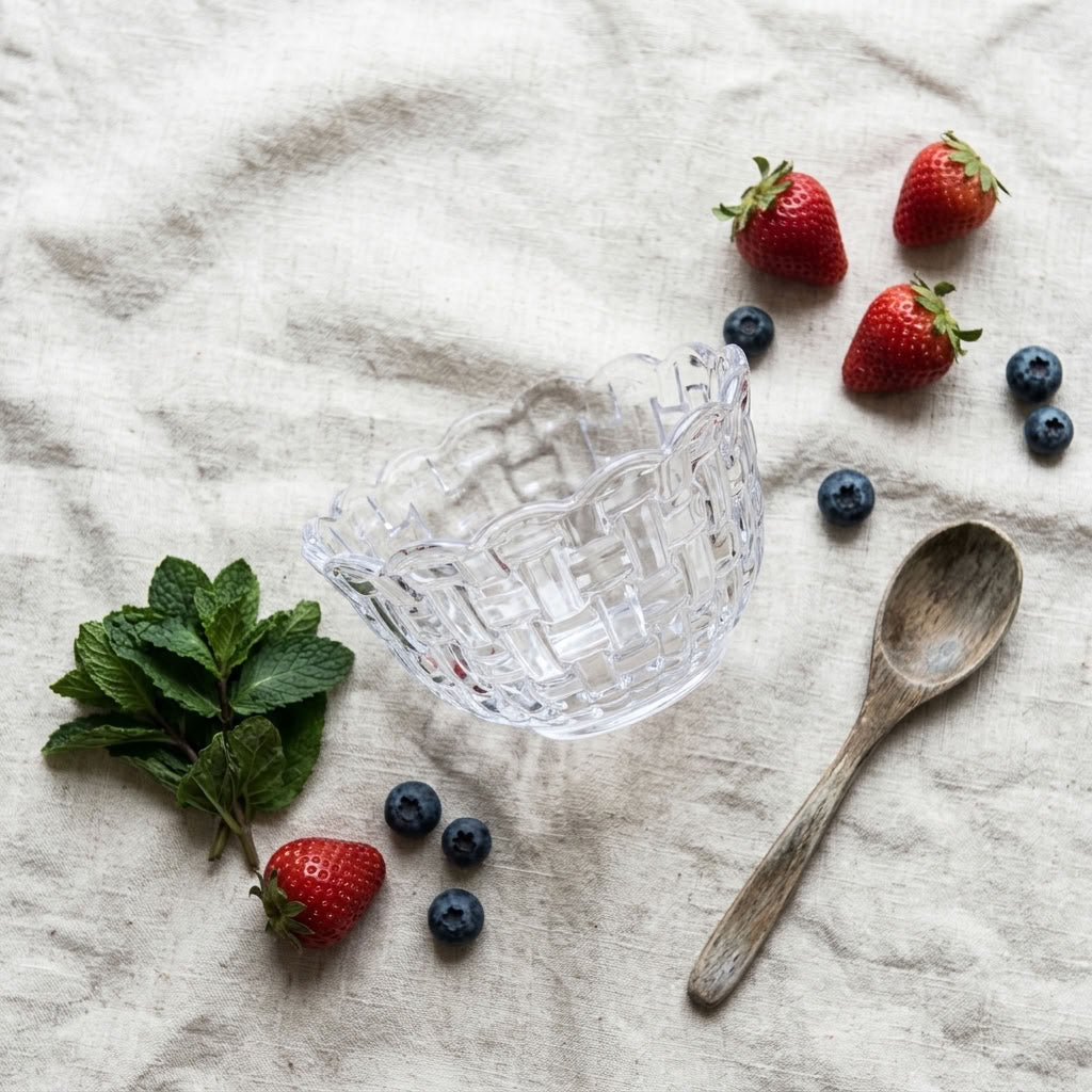 A clear textured glass bowl with a scalloped edge and geometric pattern, styled on a beige linen cloth with strawberries, blueberries, mint leaves, and a wooden spoon.