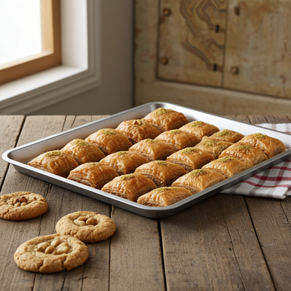 Baked pastries on a metal tray with a wooden surface and window in the background