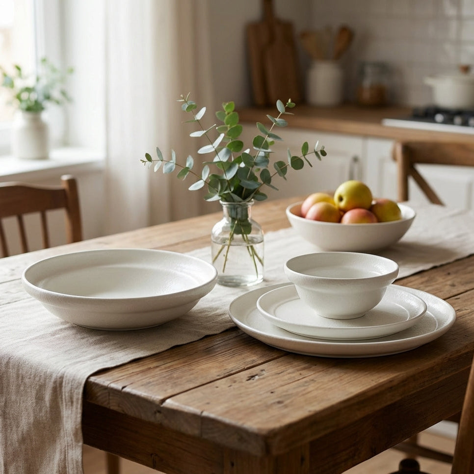 Dining table with white ceramic dishes, a vase with greenery, and apples in a bowl.