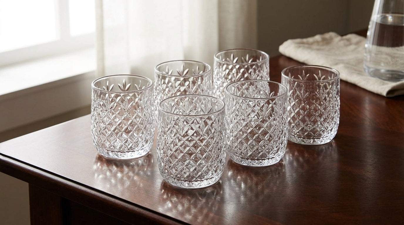 Five clear cut-crystal tumbler glasses arranged on a dark wooden table in a softly lit room, with a window and curtain in the background.