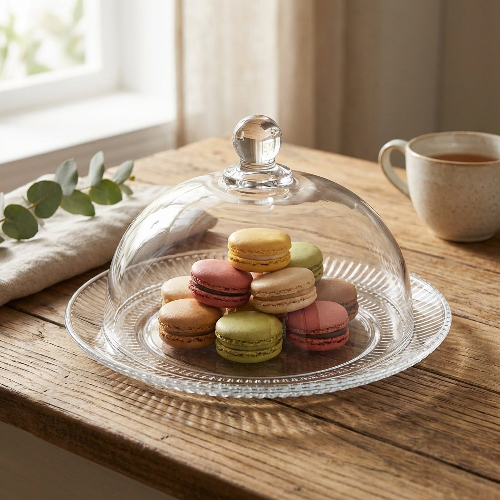 Colorful macarons under a glass dome on a wooden table with a cup of coffee in the background.