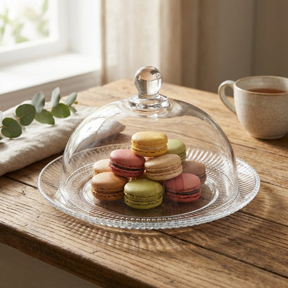 Colorful macarons under a glass dome on a wooden table with a cup of coffee in the background.