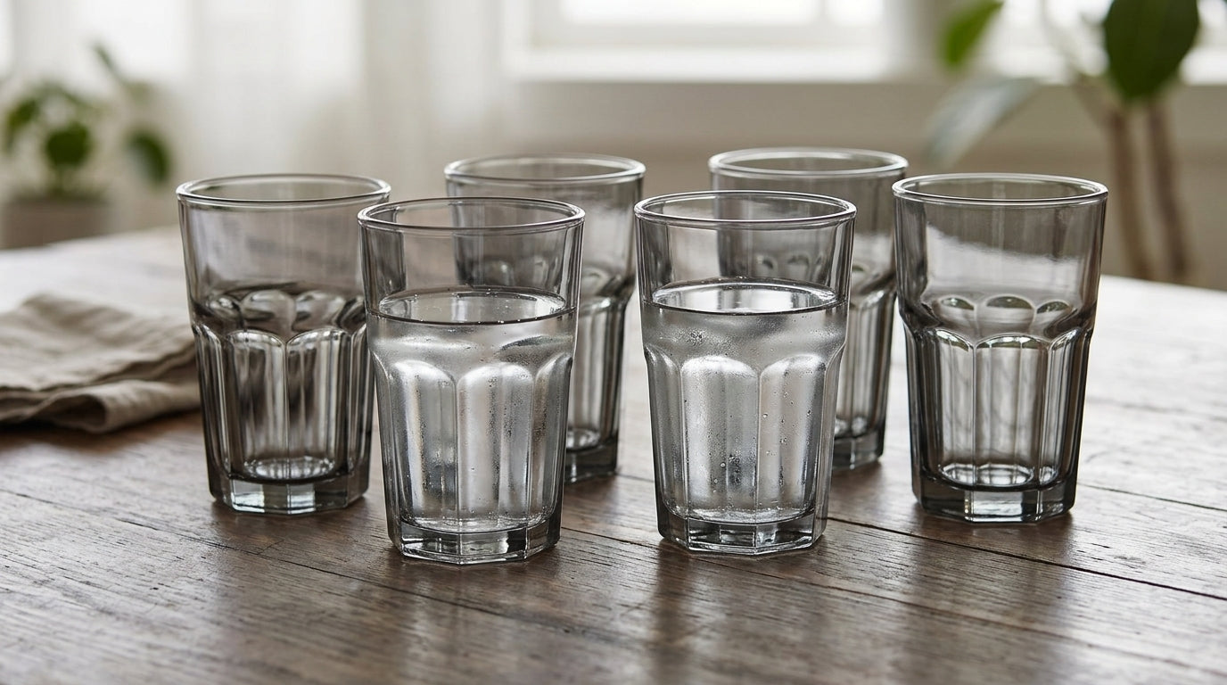 Six clear glass tumblers with a ribbed textured pattern arranged on a rustic wooden table in a softly lit room.