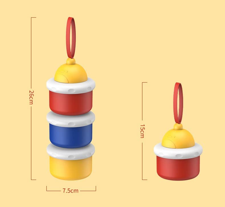 Colorful toy stacker with measurements on a yellow background
