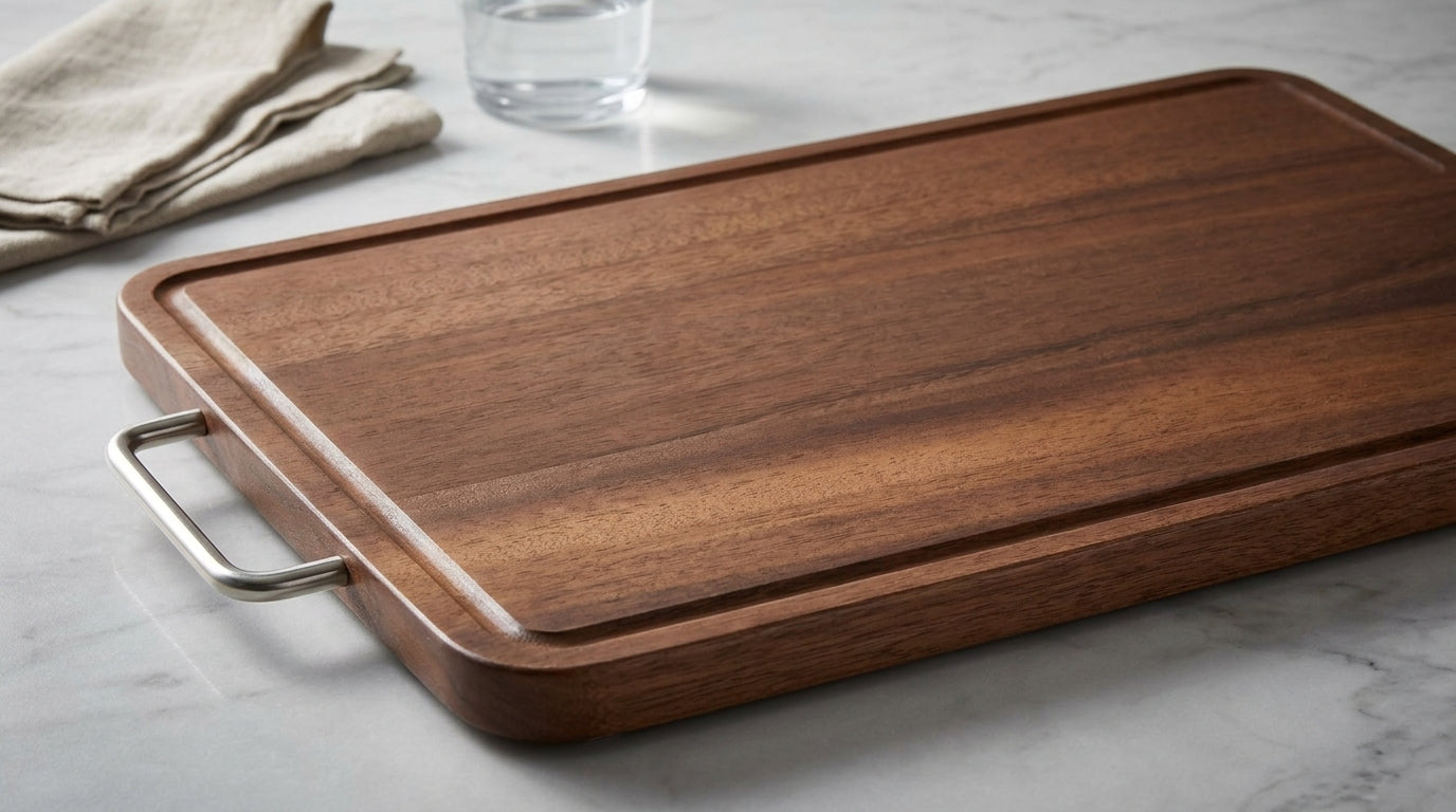 Wooden Cutting Board with Stainless Steel Handle | 40 × 28 cm