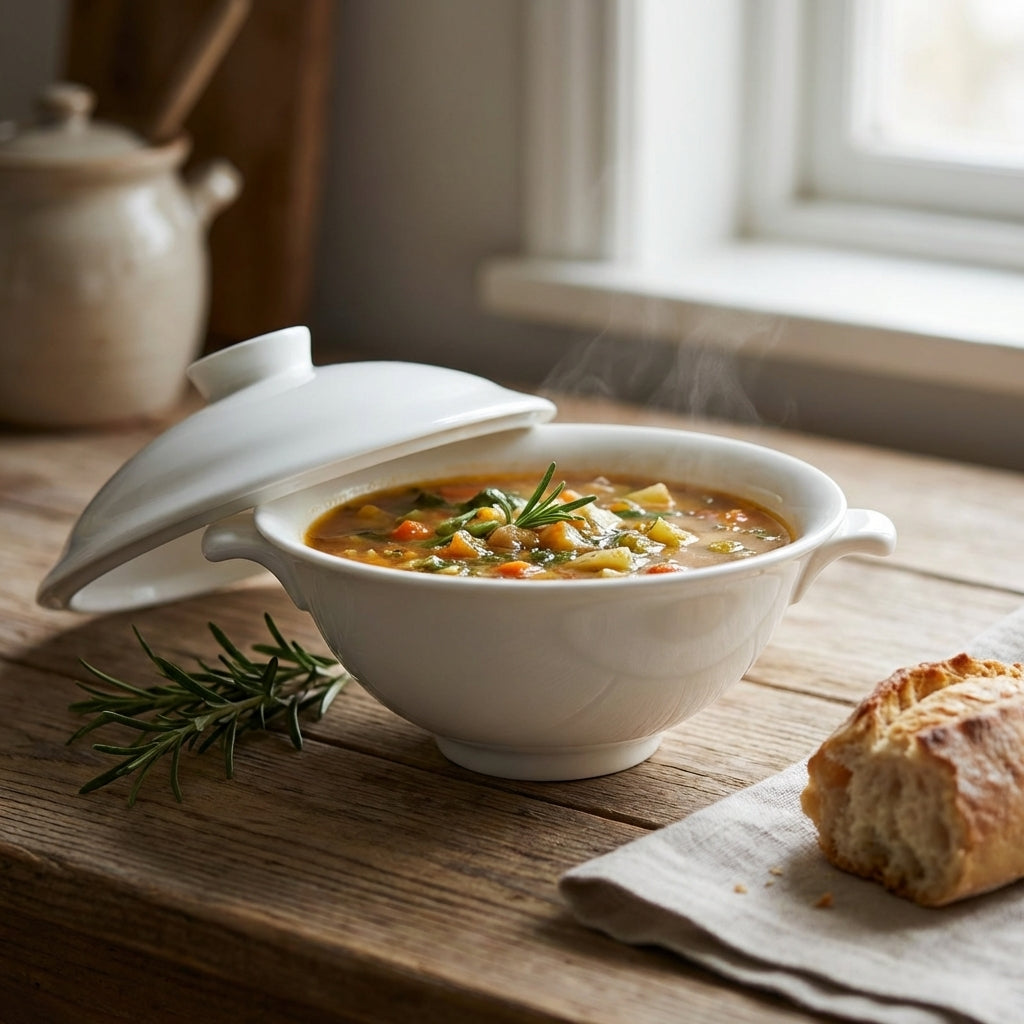 Steaming bowl of soup on a wooden table with bread and a teapot in the background