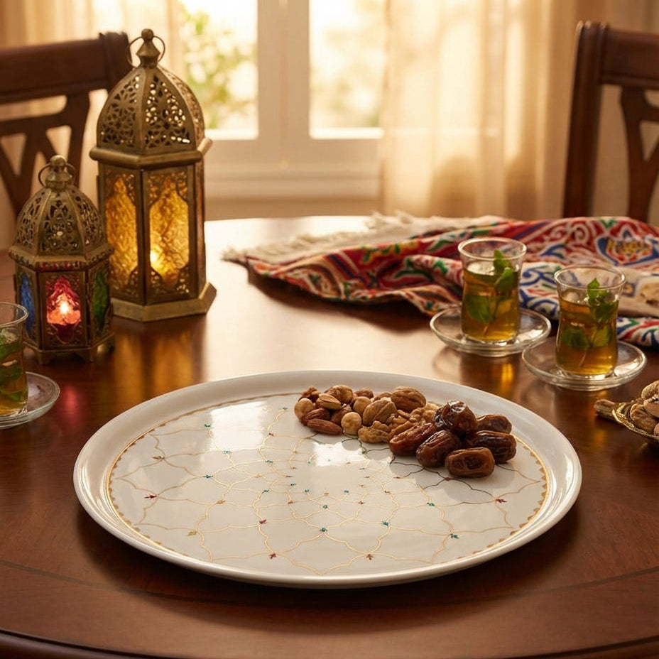 Dessert plate with dates and nuts on a wooden table with tea glasses and lanterns.