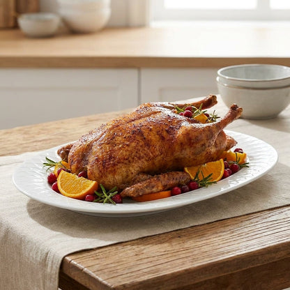 Roasted turkey on a platter with garnishes on a wooden table.