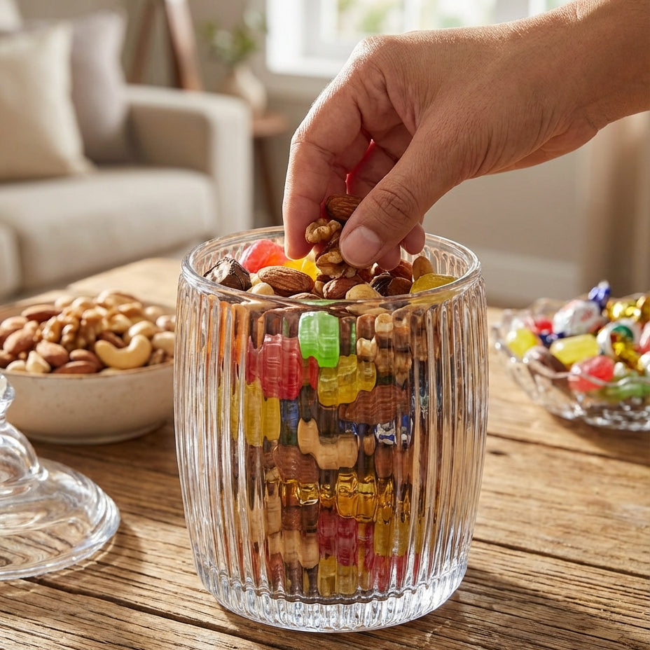 Glass container filled with gummy bears and nuts on a wooden table.