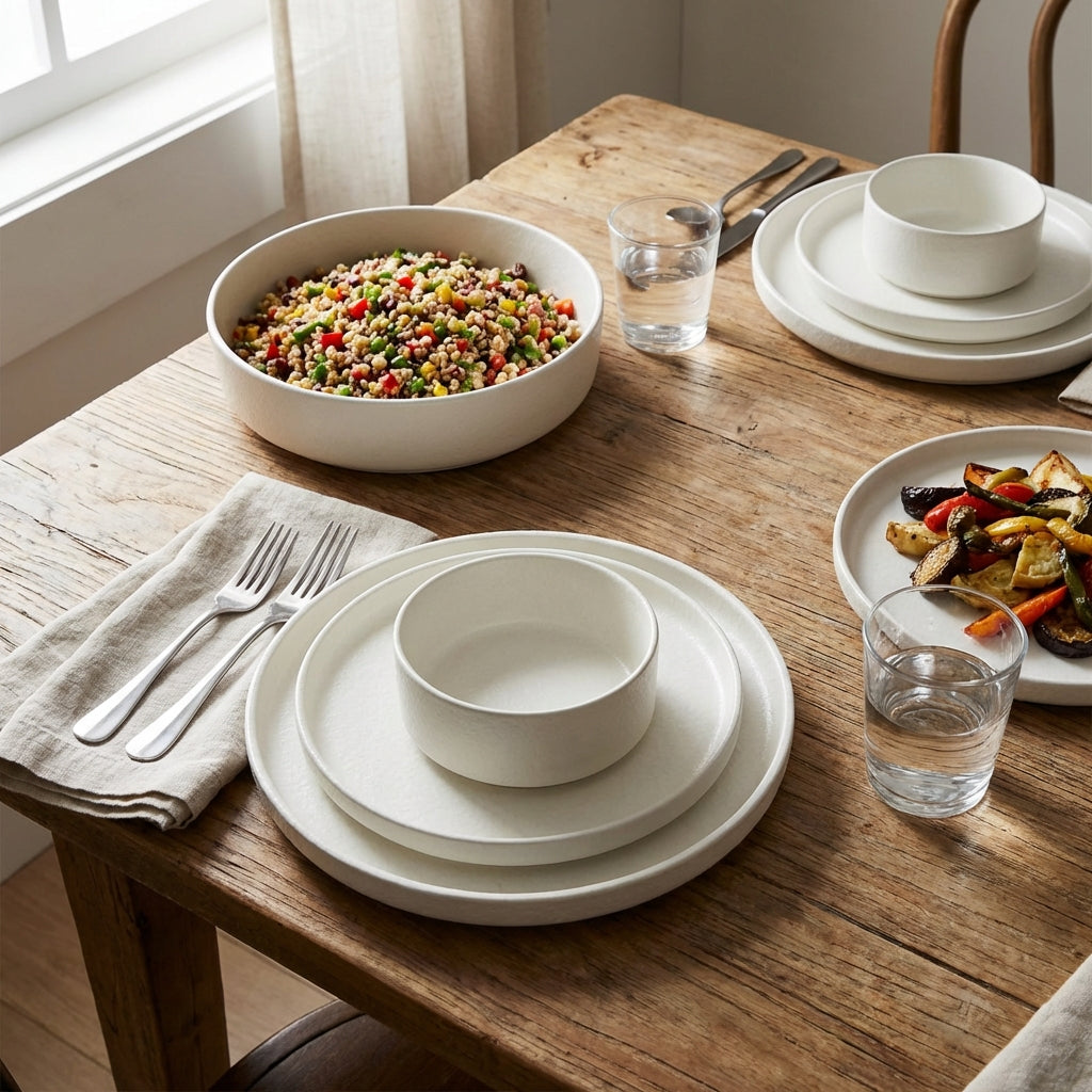 Dining table set with white ceramic plates, bowls, and glasses on a wooden surface.