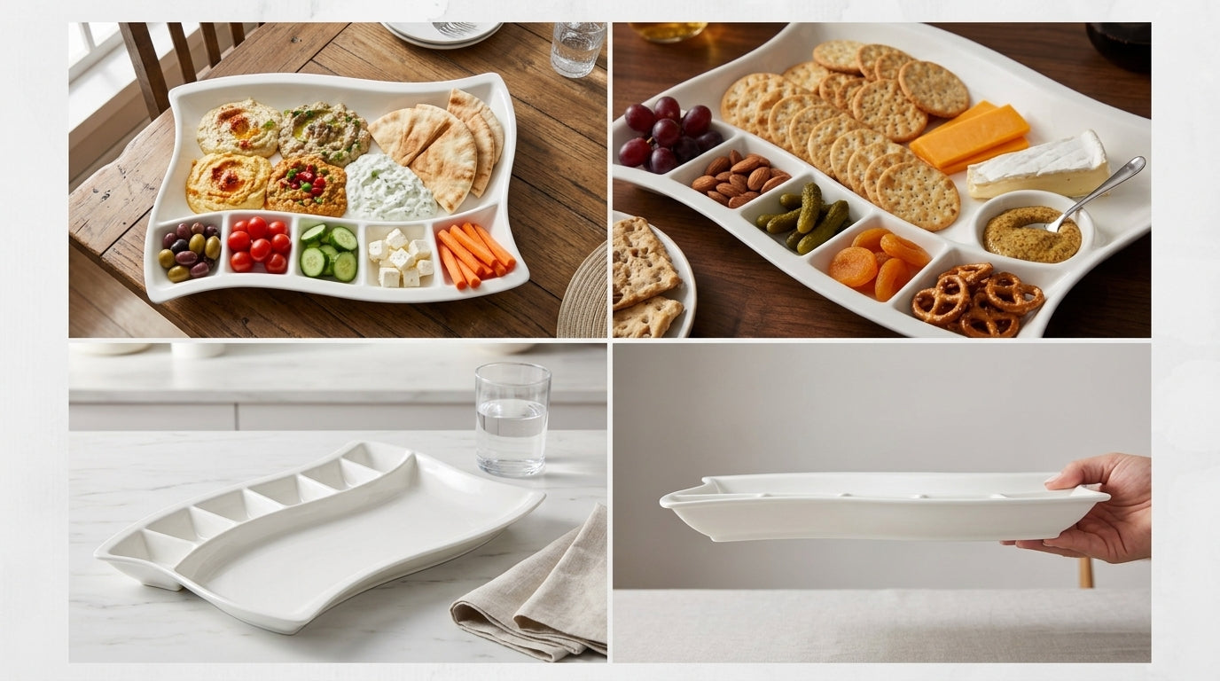 A collage showing a white ceramic fish-shaped serving platter in multiple settings: filled with assorted snacks and vegetables on a wooden table, on a white tabletop with crackers and dips, shown empty, and being held by a hand to demonstrate scale.