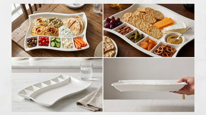 A collage showing a white ceramic fish-shaped serving platter in multiple settings: filled with assorted snacks and vegetables on a wooden table, on a white tabletop with crackers and dips, shown empty, and being held by a hand to demonstrate scale.