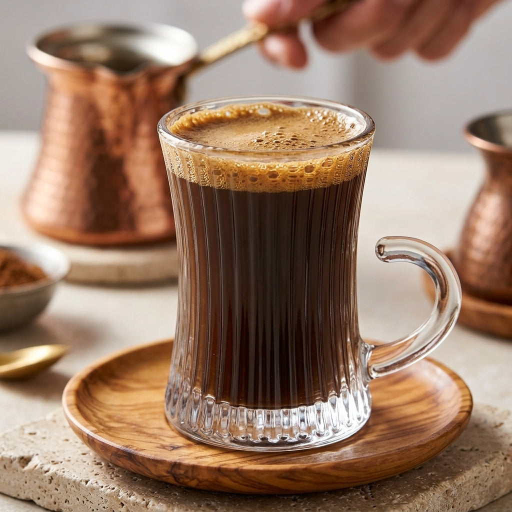 A clear ribbed glass mug filled with dark coffee on a round wooden saucer, with a hand holding a spoon above the mug and copper cezves in the background.