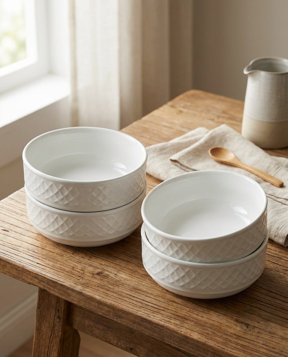 Stacks of white ceramic bowls on a wooden table with a neutral background