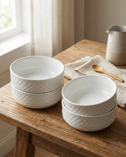 Stacks of white ceramic bowls on a wooden table with a neutral background