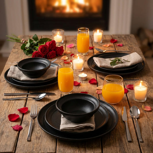 Dining table set for a romantic meal with black plates, orange juice, candles, and flowers.