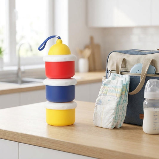 Colorful stackable cups on a kitchen counter with a diaper and bottle nearby.