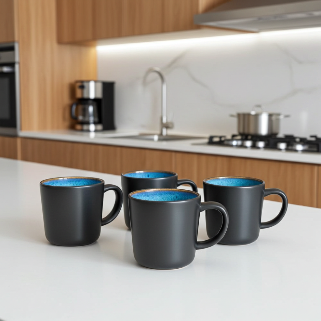 Four black mugs with blue interior on a kitchen counter