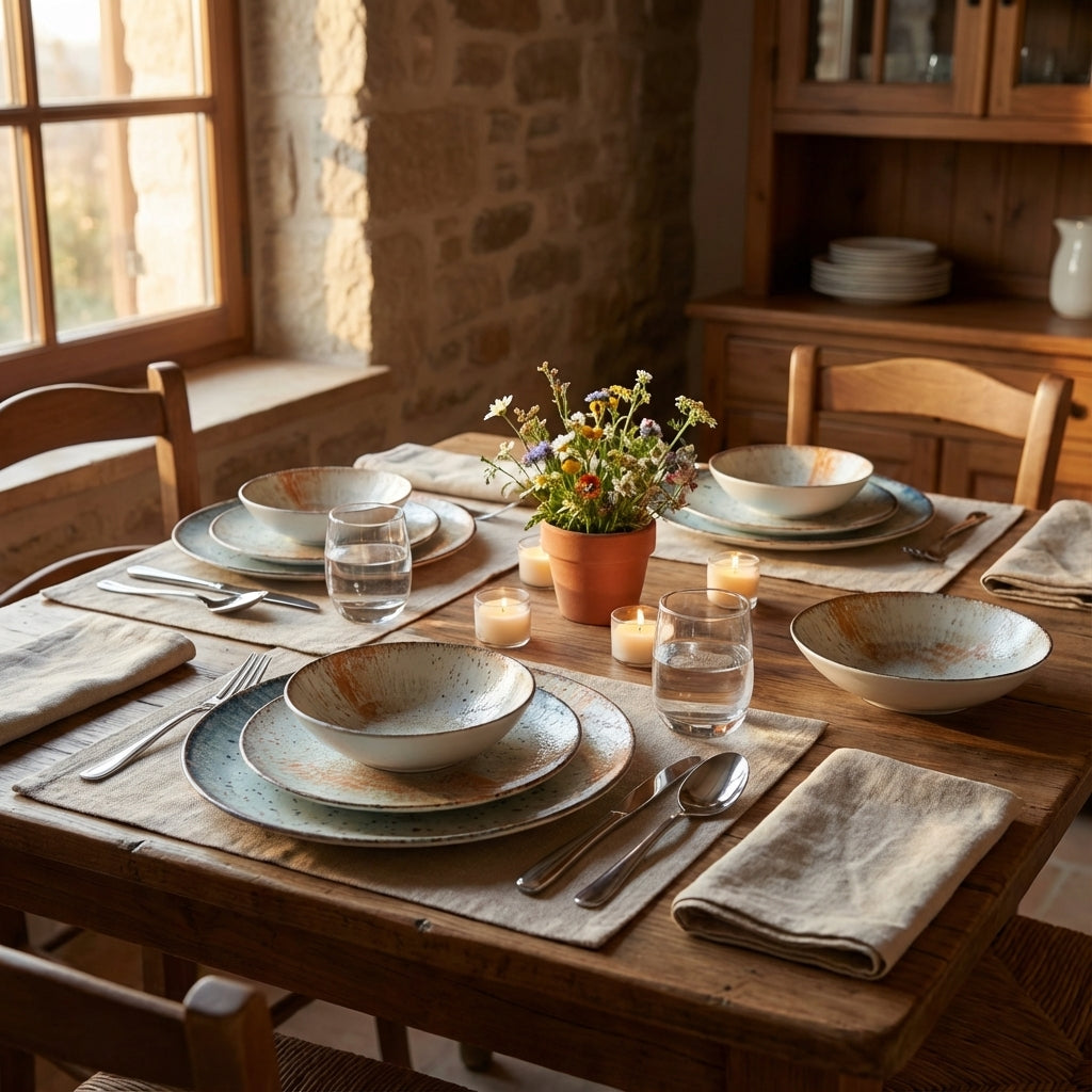 Dining table set with plates, bowls, and utensils in a rustic setting with stone wall and wooden shelves.