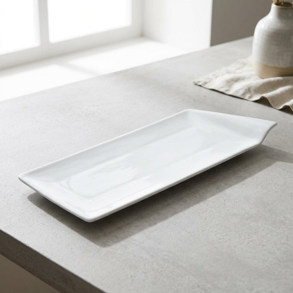 White rectangular plate on a light gray surface with a neutral background