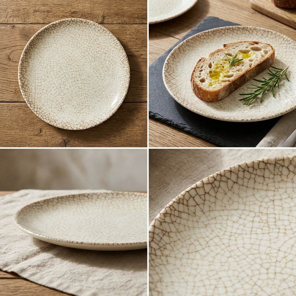 A collage showing a round ceramic plate in multiple settings: on a wooden table, with bread and olive oil on a dark slate board, on a light fabric surface, and a close-up of the textured rim. The plate has a warm off-white/cream glaze with a crackle pattern in tan and brown tones.