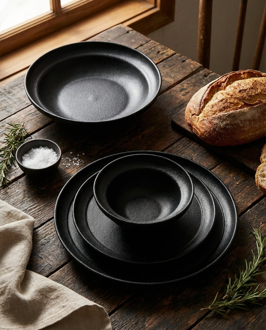 Set of black ceramic plates on a wooden table with bread and herbs.