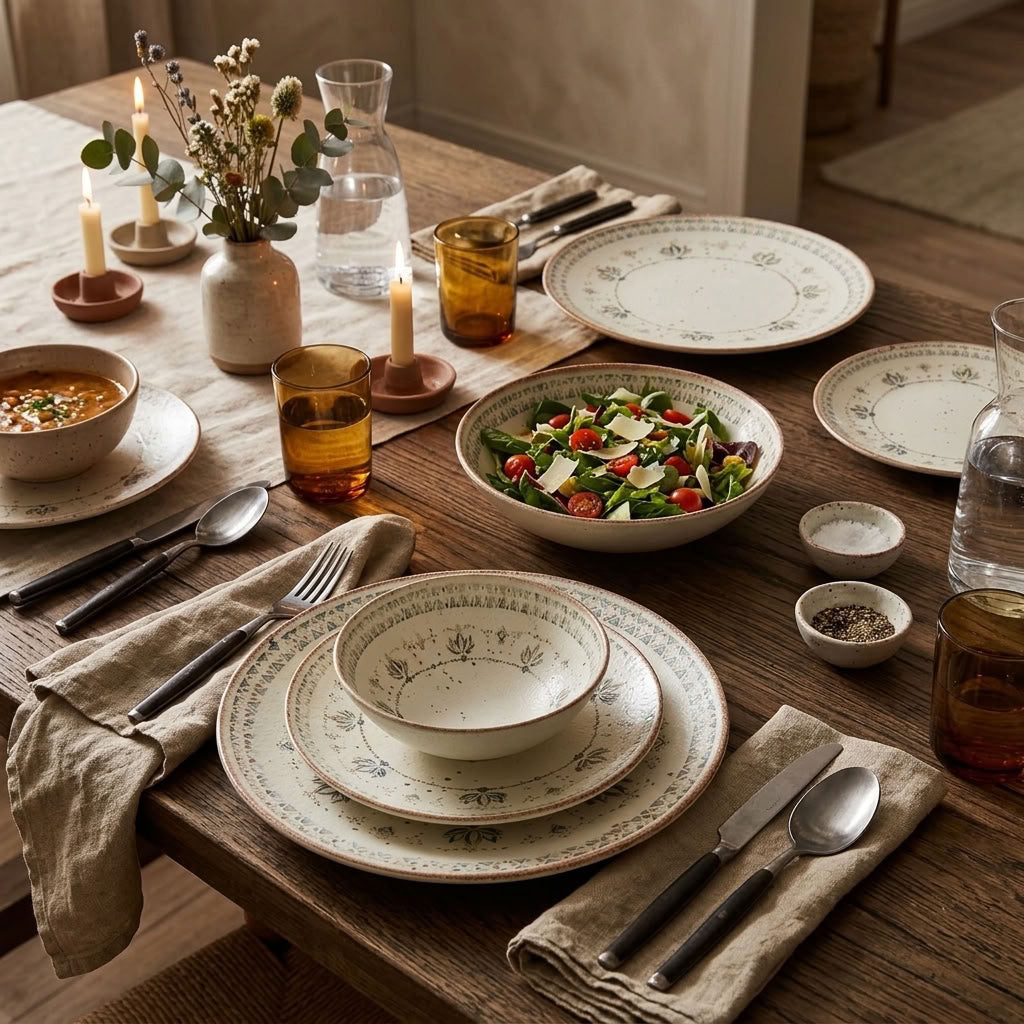 Botanical Ivory porcelain dinnerware styled on a dining table
