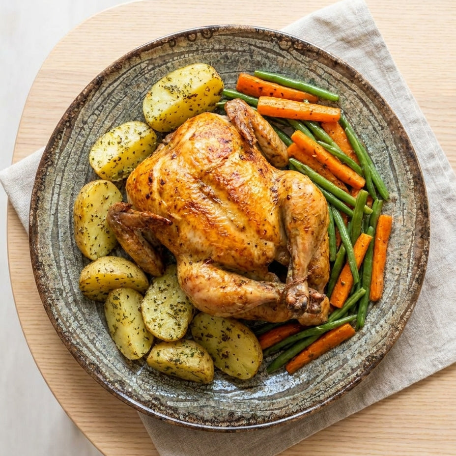 Roasted chicken with potatoes, carrots, and green beans on a ceramic plate.