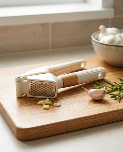 A garlic press with a cream-colored plastic body and a light wood handle, resting on a wooden cutting board with garlic cloves, minced garlic, and rosemary nearby.