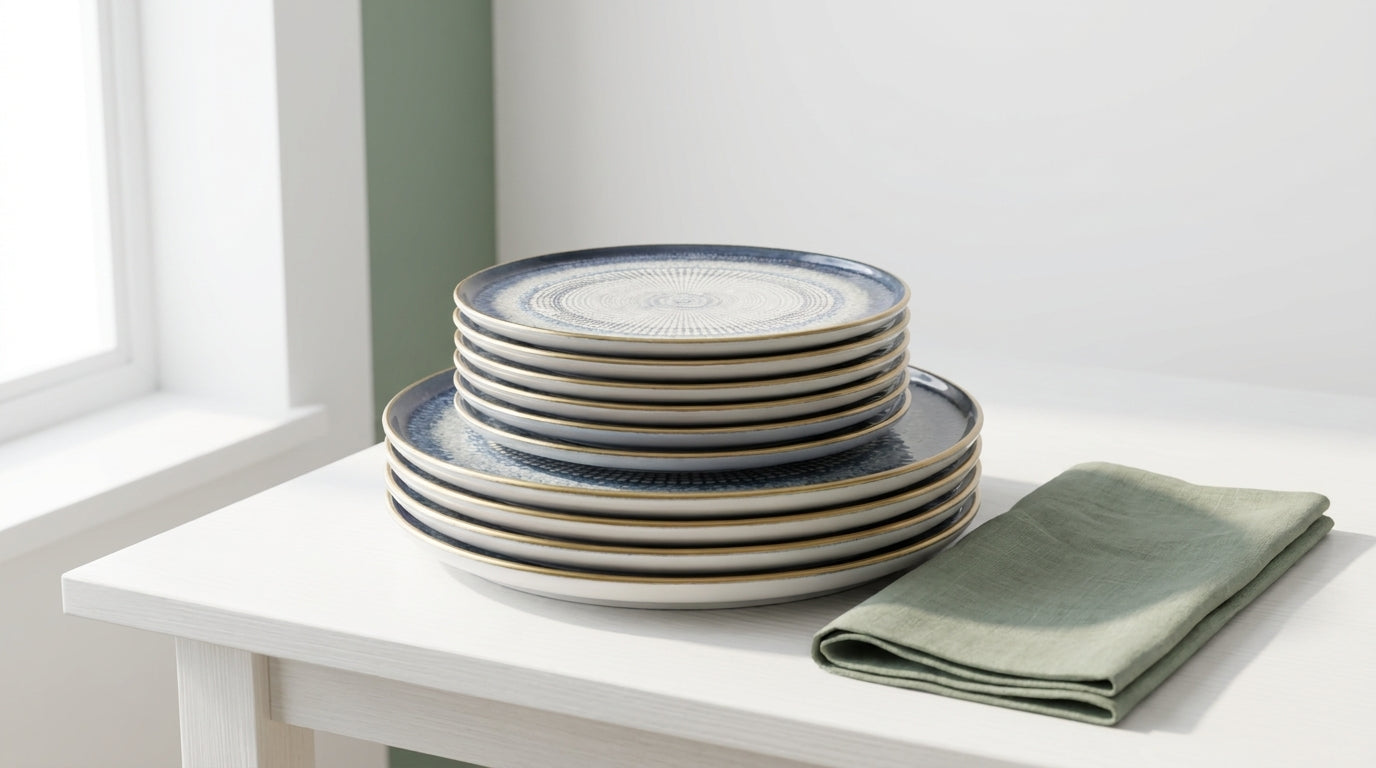 Set of ceramic plates with blue rim on a white table with a green napkin.