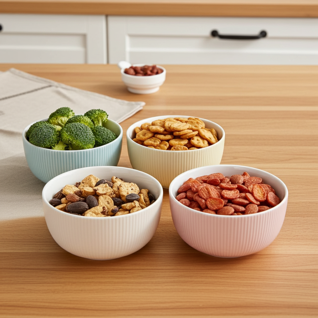Four bowls with different snacks on a wooden table