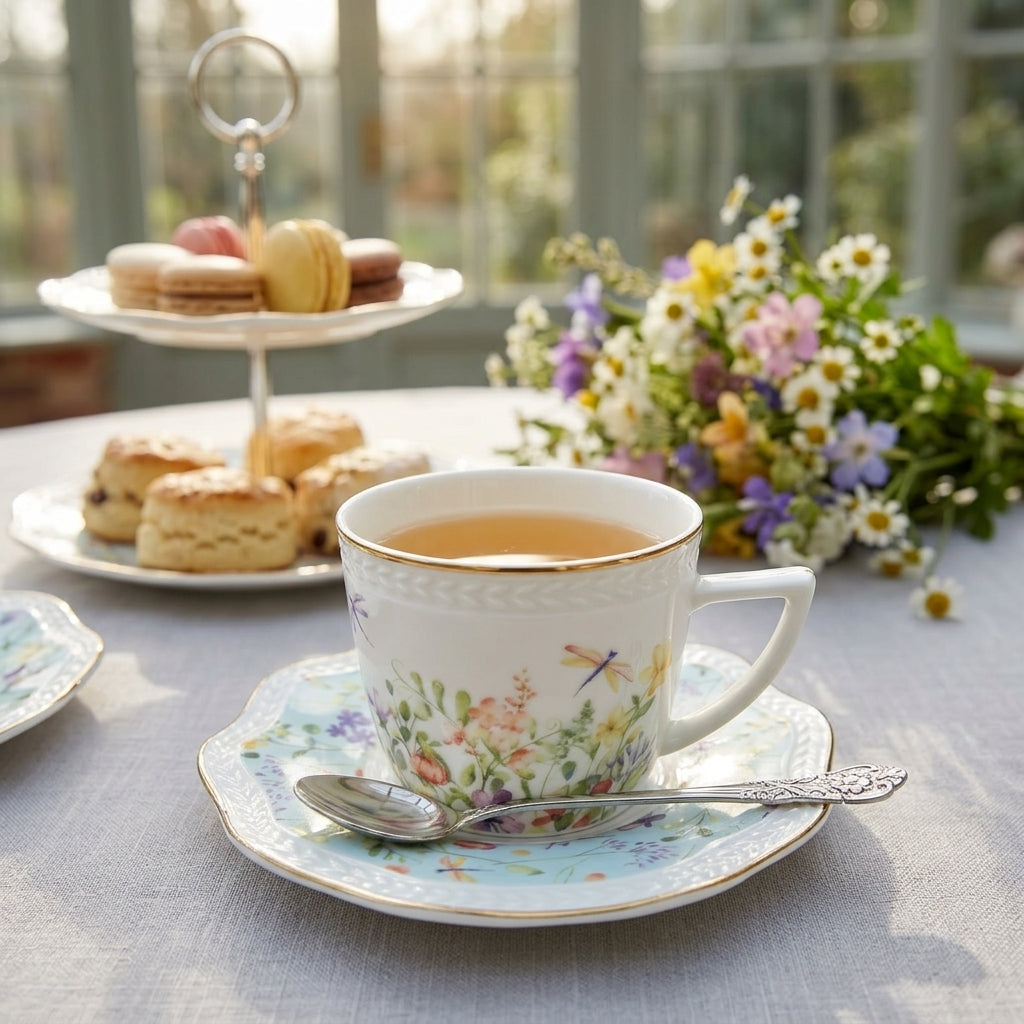 A white ceramic teacup with a delicate floral and dragonfly pattern on the front, filled with tea and set on a matching saucer with a silver spoon. The scene is styled in a bright sunroom with a two-tiered stand of pastries and a bouquet of wildflowers in the background.