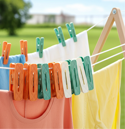 Colorful clothespins on a washing line with clothes hanging on a sunny day.