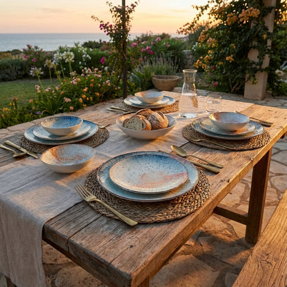 Dining table set with plates, bowls, and bread on a wooden table outdoors with a scenic background.