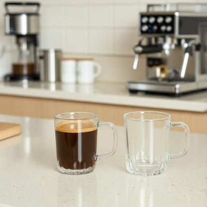 Two glass mugs on a kitchen counter with one containing coffee and the other empty, with kitchen appliances in the background.
