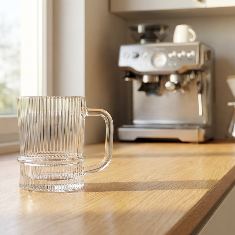 Clear glass mug on a kitchen counter with an espresso machine in the background