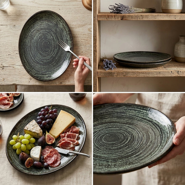 A four-panel collage showing a round dark gray ceramic plate with a textured concentric ring pattern. The panels show the plate on a rustic wooden table with a fork, stacked on a shelf, filled with cheese, grapes, and cured meats, and held by hands.