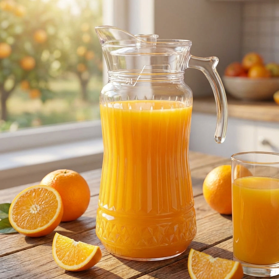 Clear glass pitcher and glass filled with orange juice on a wooden table with oranges around, sunlit kitchen background.
