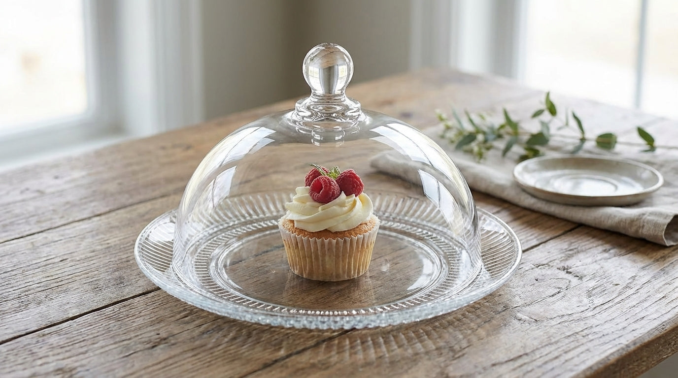 Cupcake with raspberries under a glass dome on a wooden table