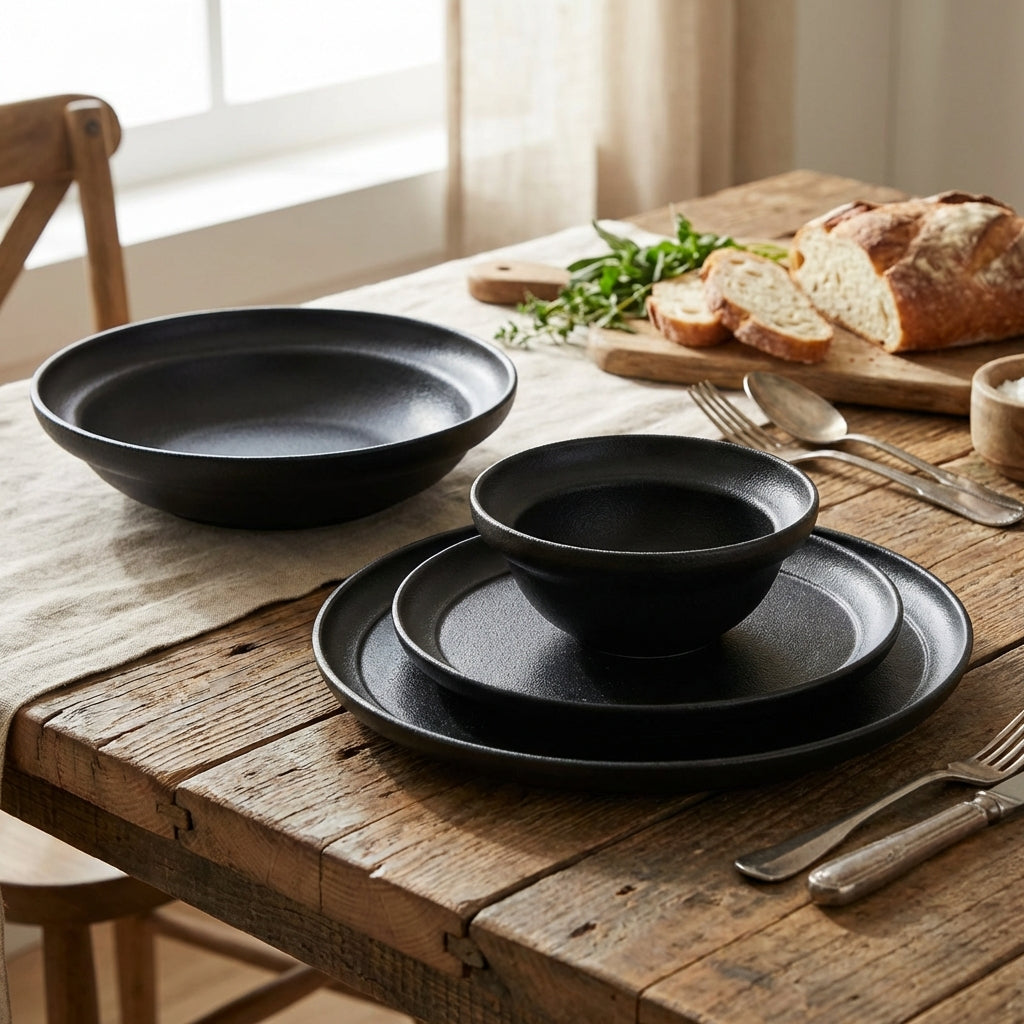Black ceramic dinnerware set on a wooden table with bread and utensils.