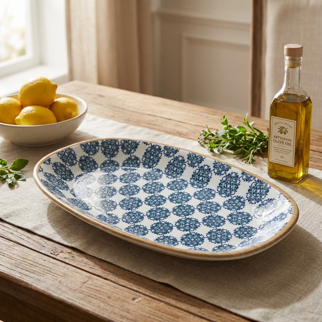 Ceramic platter with blue floral pattern on a wooden table with lemons and olive oil bottle.