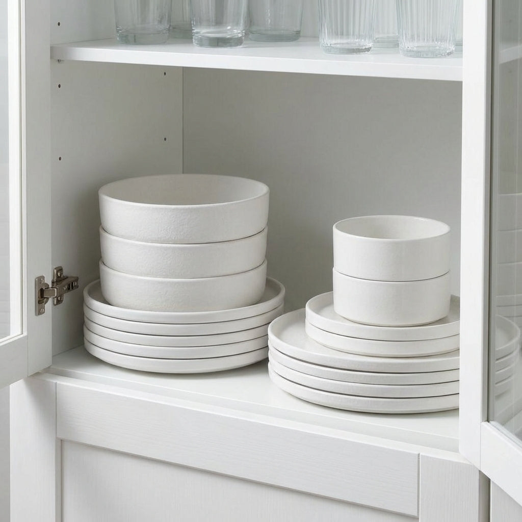White ceramic bowls and plates stacked inside a white cabinet.