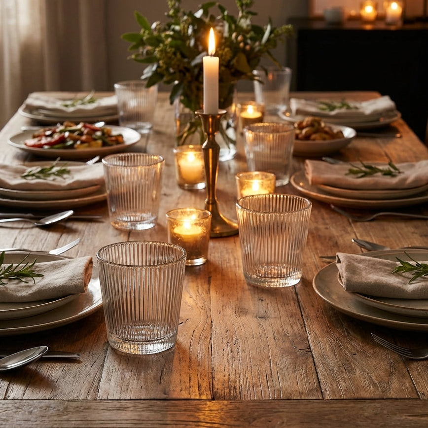 Dining table set for a meal with candles and greenery