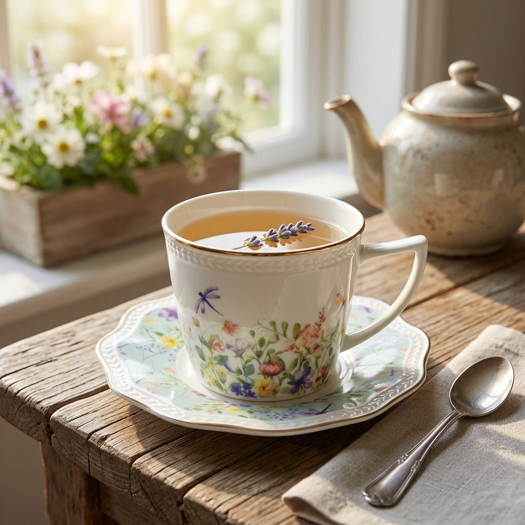A white ceramic teacup with a colorful floral and dragonfly pattern sits on a matching saucer on a rustic wooden table. A teapot and spoon are in the background near a window with flowers, creating a cozy tea-time scene.