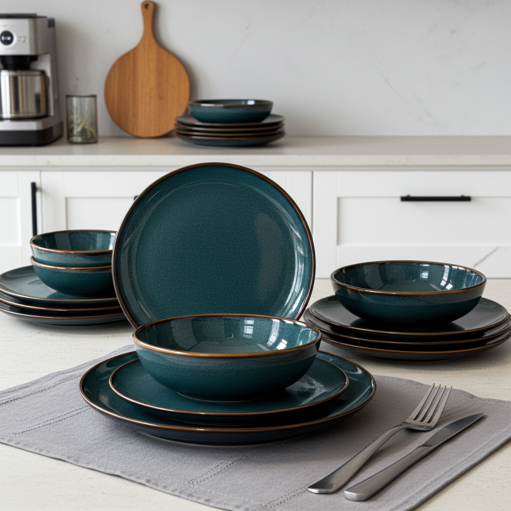 Set of teal dinnerware with gold rims on a kitchen counter.