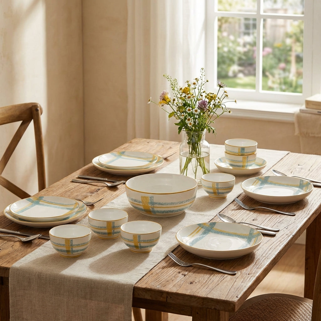 Dining table set with ceramic plates, bowls, and cutlery on a wooden table with a window in the background.