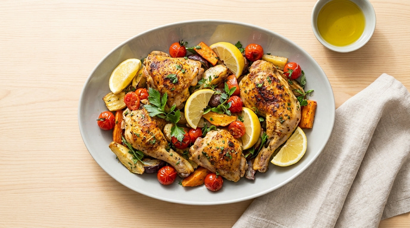 Plated dish of roasted chicken with vegetables on a wooden table