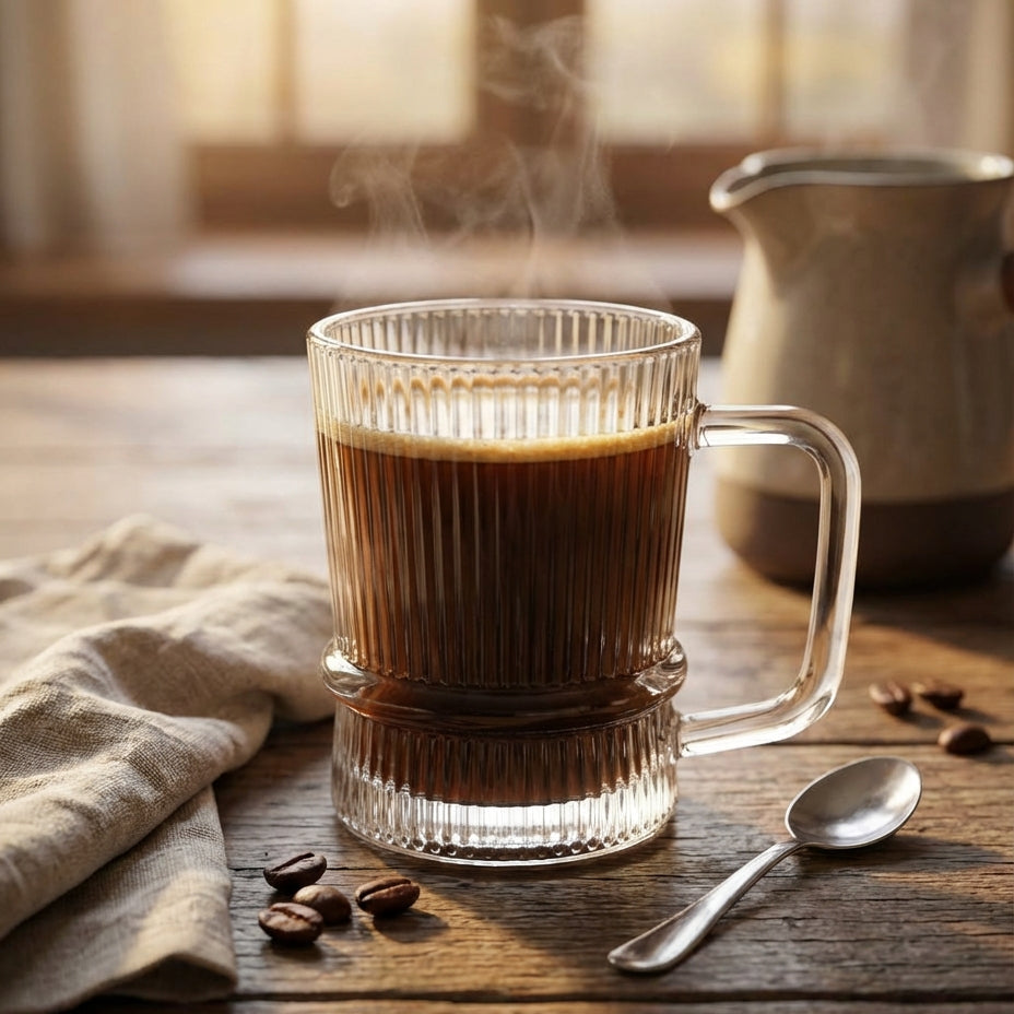 Steaming coffee in a glass mug on a wooden table with a cloth and spoon.