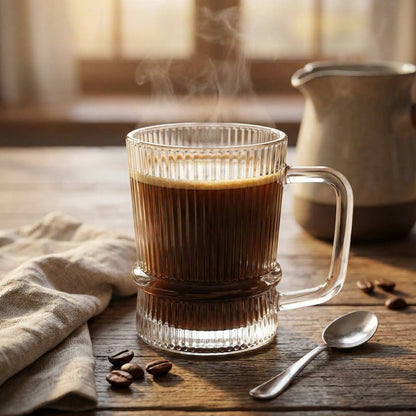 Steaming coffee in a glass mug on a wooden table with a cloth and spoon.